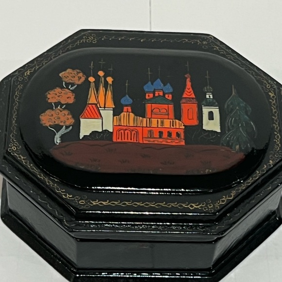 Used - Russian Black Lacquer Hand Painted Trinket Box Folk Art